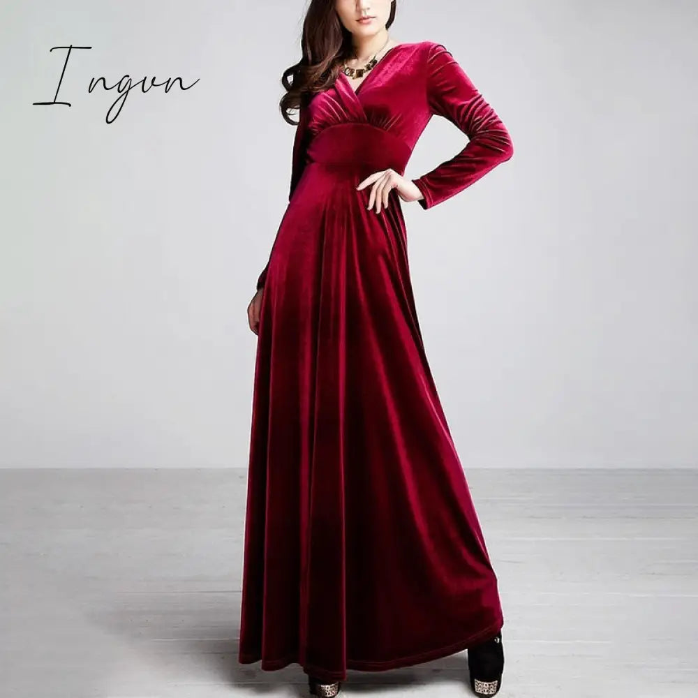 Ingvn - Gold Velvet Maxi Dress V-neck Maxi Dress