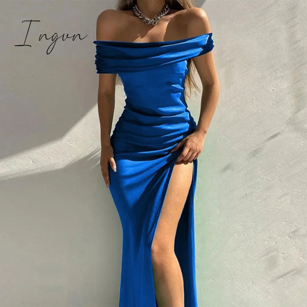 Ingvn - Summer Off Shoulder Elegant Sexy High Slit Evening Dresses Women Fashion Solid Slim Prom Party Dress Vestido Feminino Robe Femme