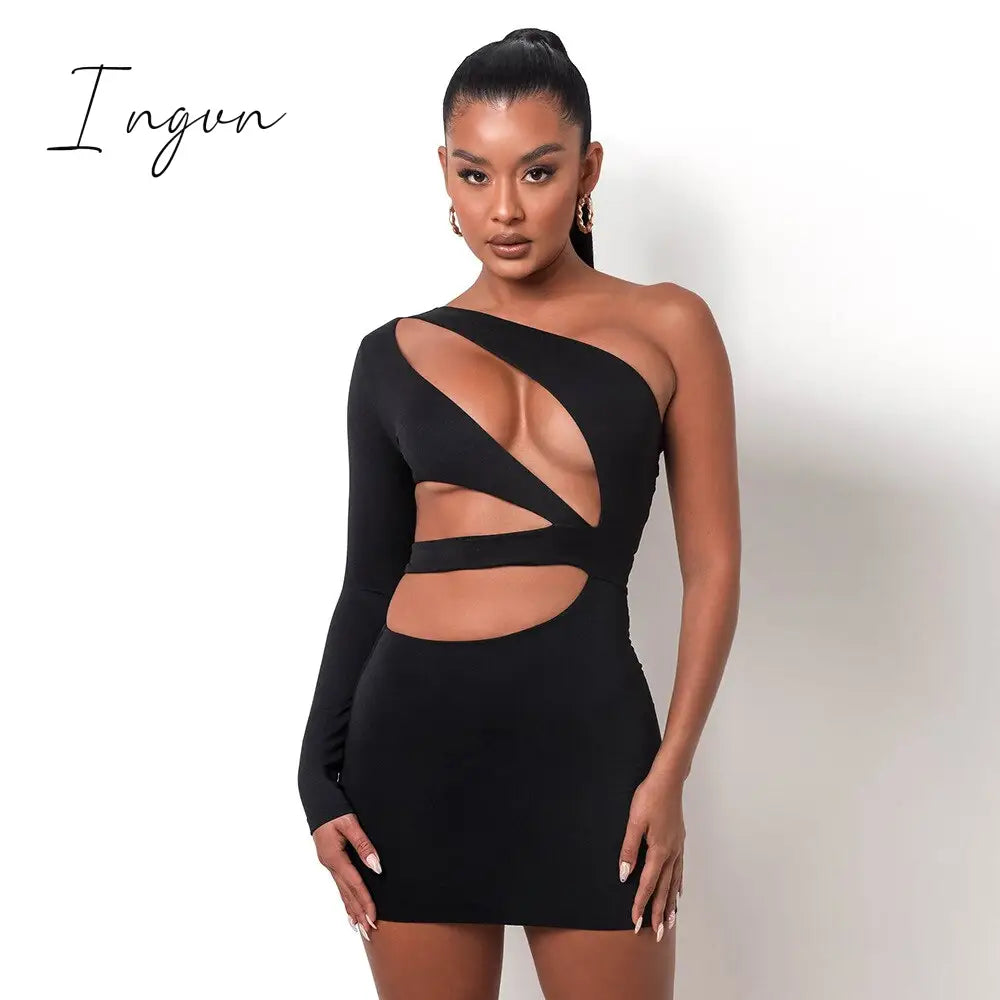 Ingvn - Double Layer Autumn Women Bodycon Dress Party Dress New Arrivals  White One Shoulder Cut Out Dress Evening Club Dress