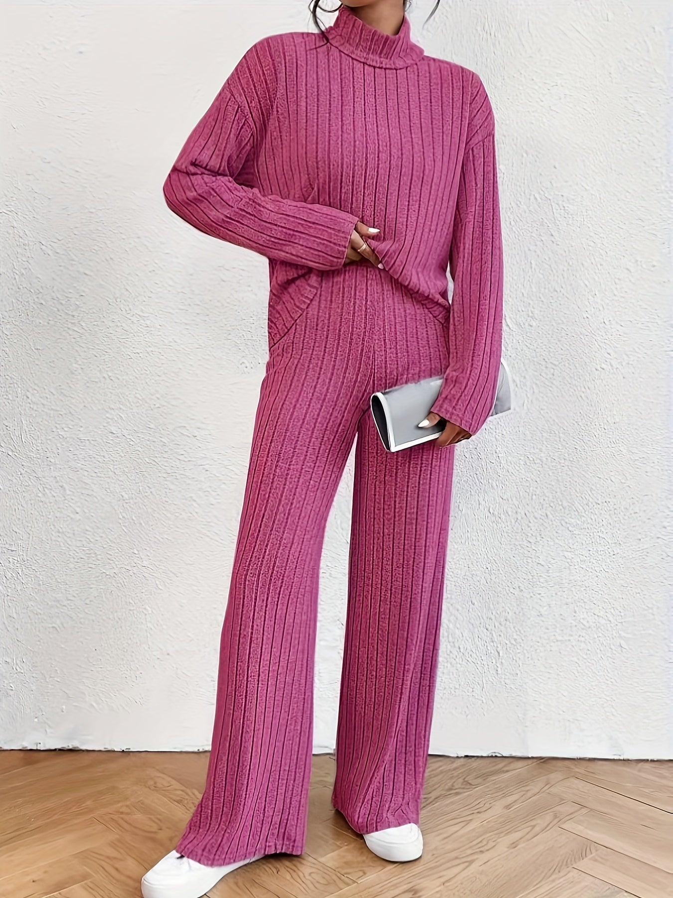 Solid Ribbed Two-piece Set, Casual Mock Neck T-shirt & Wide Leg Pants Outfits, Women's Clothing