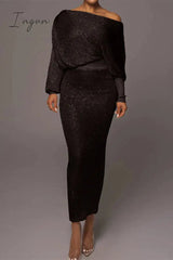 Ingvn - Sexy Celebrities Solid Oblique Collar Long Sleeve Two Pieces