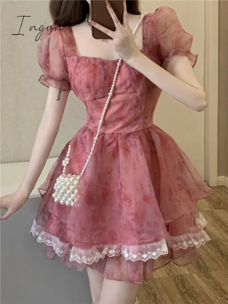 Ingvn - Pink Floral Short Party Dress Sexy Lace Puff Fairy Kawaii Clothing Mini Dress Fashion Birthday Lolita Dress Women Summer 2023