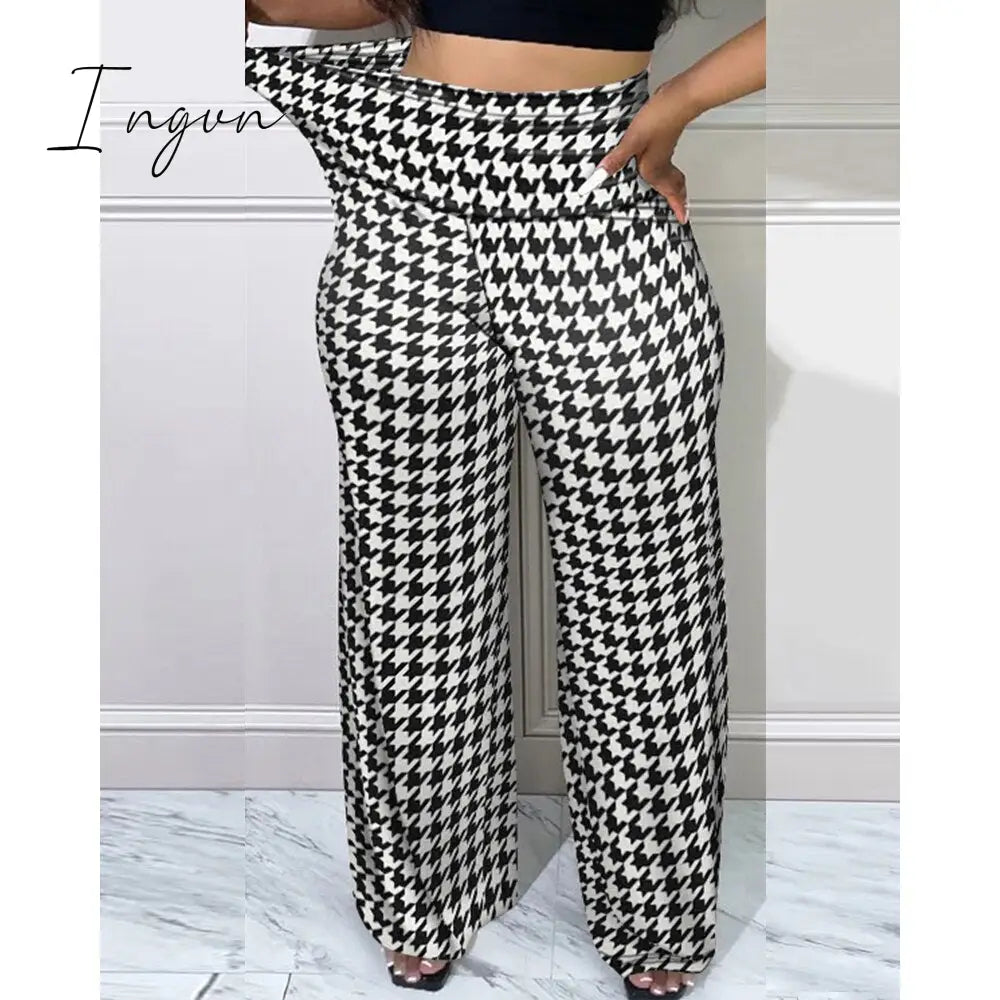 Ingvn - Women Houndstooth Print High Waist Pants Autumn Casual Long Pants Loungewear Women Clothes One Piece Suit Female