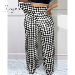 Ingvn - Women Houndstooth Print High Waist Pants Autumn Casual Long Pants Loungewear Women Clothes One Piece Suit Female