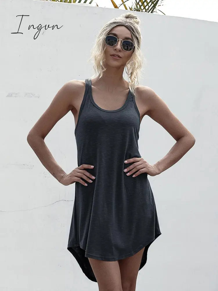 Ingvn - Solid Casual O-neck Sleeveless Tank Dress Women Loose Off Shoulder Asymmetrical Cotton Mini Dress