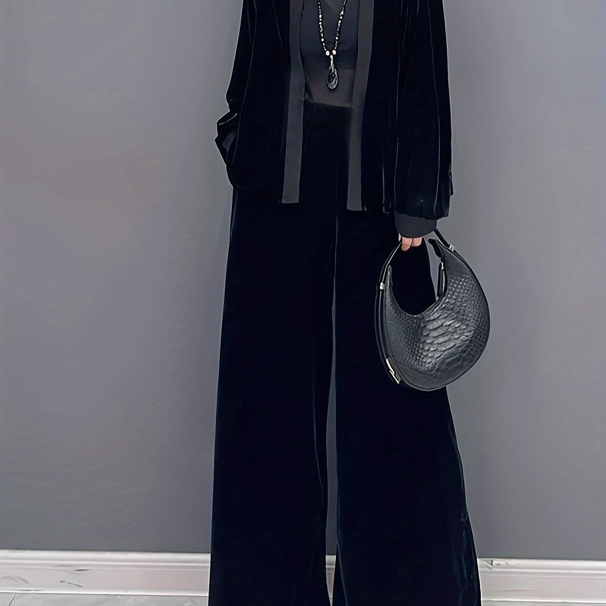 2 Pcs Velvet Solid Color Long Sleeve Open Front Top & Wide Leg Pants Outfit, Women's Clothing