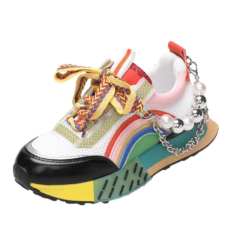 Ingvn  New Women's Vulcanized Shoes Lace Up Pearl Chain Decorative Women's Platform Sneakers Zapatos De Mujer Female Shoes Casual Shoes