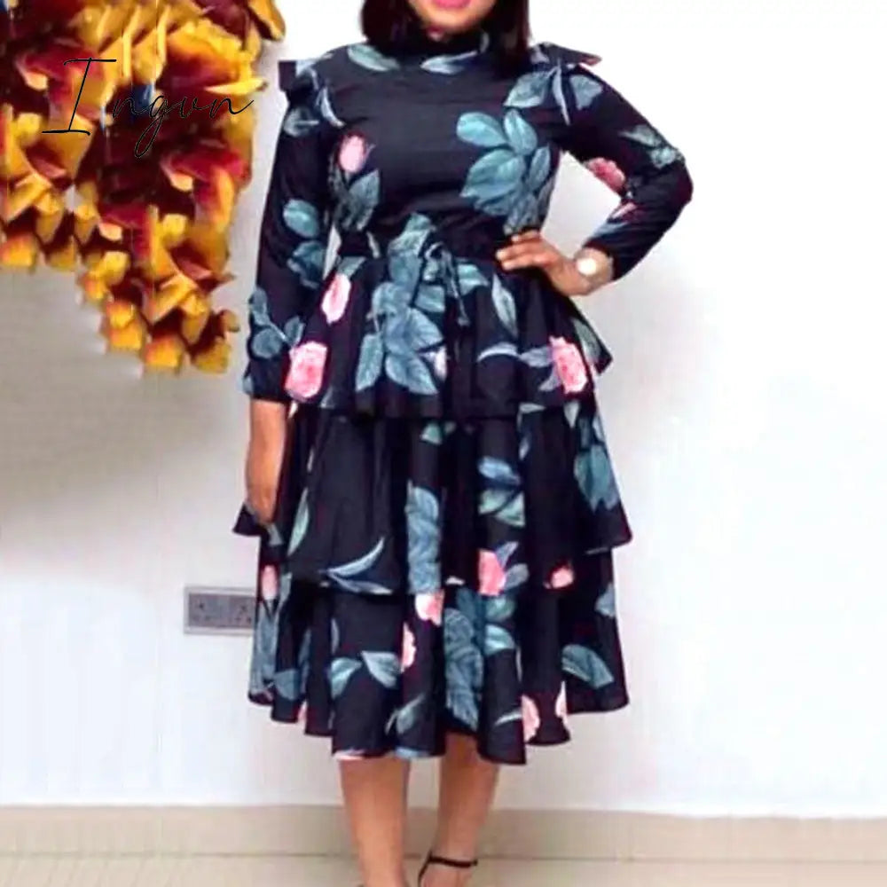 Ingvn - Office Ladies Work Wear Bow Collar Print A-Line Color Block Dress Casual Fit And Flare Pleated Dress Summer Women Fashion