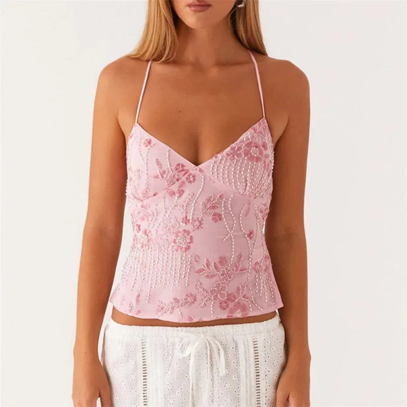 Sexy Sequin Rhinestone Crop Tops Women Y2k Fairy Coquette Camis Pearl Glitter V Neck Backless Tank Shirt Vest Beach