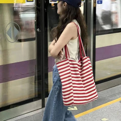 Ingvn  Korean Striped Double-sided Canvas Bag Summer New Niche Design Large Capacity Student Tote Bags