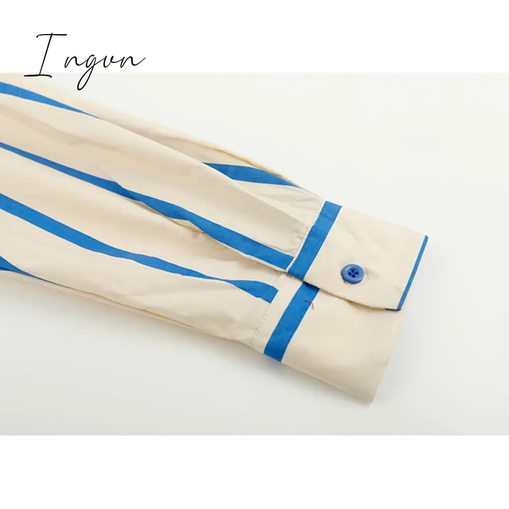 Ingvn - Women's Blue Stripe Shirts Polo Collar Rabbit Embroidery Long Sleeves Vintage Casual Fashion Baggy Ladies Blouse Tops Spring