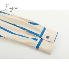 Ingvn - Women's Blue Stripe Shirts Polo Collar Rabbit Embroidery Long Sleeves Vintage Casual Fashion Baggy Ladies Blouse Tops Spring