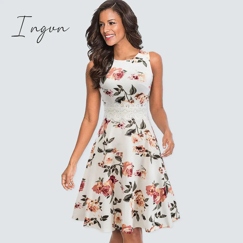 Ingvn - Women Vintage Casual Round Neck A line Summer Elegant Floral Lace Patchwork Sleeveless Tunic Party Swing Dress HA079