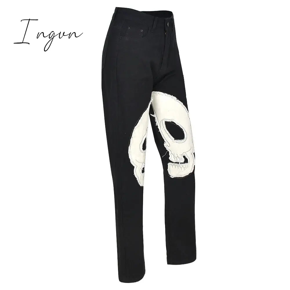 Ingvn - Womens Fashion Skull Patterned Low Rise Jeans Streetwear Women Clothing Black Denim Trousers Cyber Y2k Aesthetic Goth Pants C82-DI53