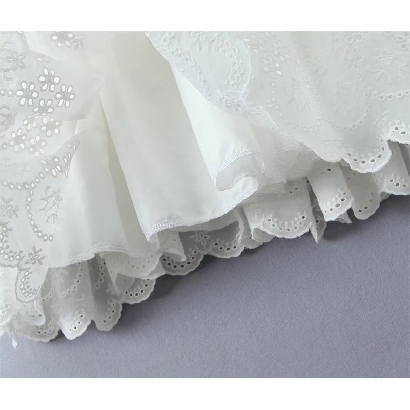 New Women Hollow Out Embroidery White Tank Dress Sleeveless V Neck Low Waist A-line Mini Dresses Summer Cotton Robe