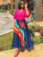 Ingvn - Summer Dresses for Women 2 Piece Outfits Pink Puff Sleeve Wrapped Tops and Midi Printed Swing Skirt Casual Festival Clothing