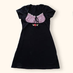 Voguable  Vintage Kawaii Bow Embroidery Mini Dress Patchwork Square Collar Short Sleeve Black Dress Retro Y2K Aesthetic Fairy Clothes