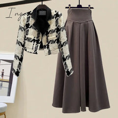 Ingvn - Spring and Autumn Set Women's 2023 New Korean Edition High End Plaid Suit Top Slim and Versatile Half Skirt Two Piece Set