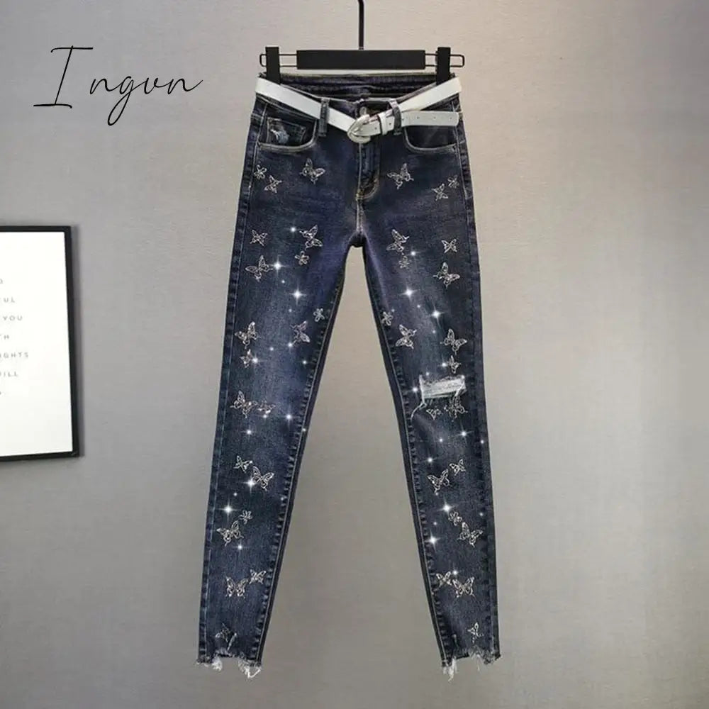 Ingvn - Hot Sales High Waist Jeans Women Beading Butterfly Fashion Ripped Jeans Casual Plus size Stretch Jeans Female Washed Denim Pencil Pants