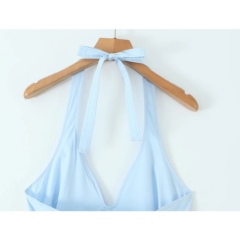 New Elegant Blue Halter Midi Long Dress Women Sexy Backless Deep V Neck Low Waist A-line Summer Dresses Party Robe