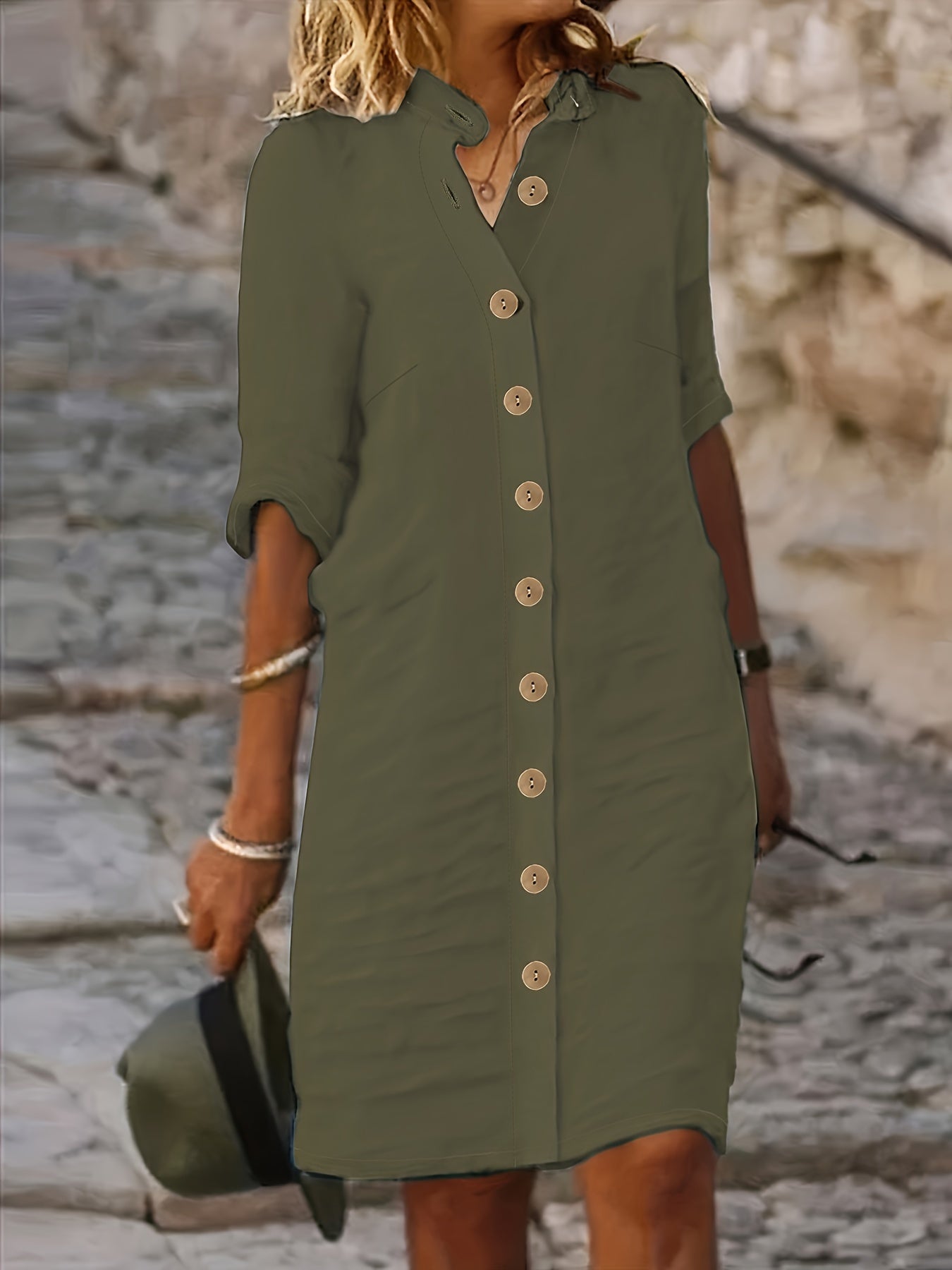 Chic Midi Dress with Button Detail - Womens Half Sleeve Casual Dress - Versatile Day-to-Night Style