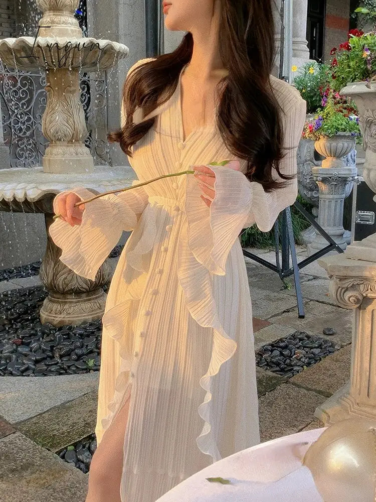 Ingvn - Pure Color French Elegant Dress Woman Long Sleeve Fairy Midi Dress Casual 2023 Summer Slim Party One Piece Dress Korean Design