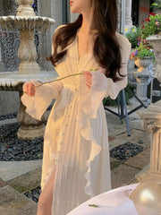 Ingvn - Pure Color French Elegant Dress Woman Long Sleeve Fairy Midi Dress Casual 2023 Summer Slim Party One Piece Dress Korean Design
