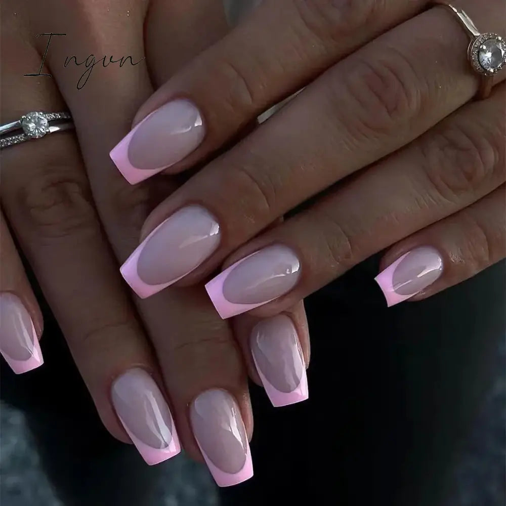 24Pcs French Tip  Press on Nails Short Coffin False Nails Simple Wearable Fake Nails Frosted Full Cover Press on Nail Tips Art