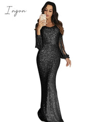 Ingvn - Long Sleeve Sequine Dress For Women Summer Sparkly Gown Ladies Tassel Prom Maxi Dresses Night Gown Party Club