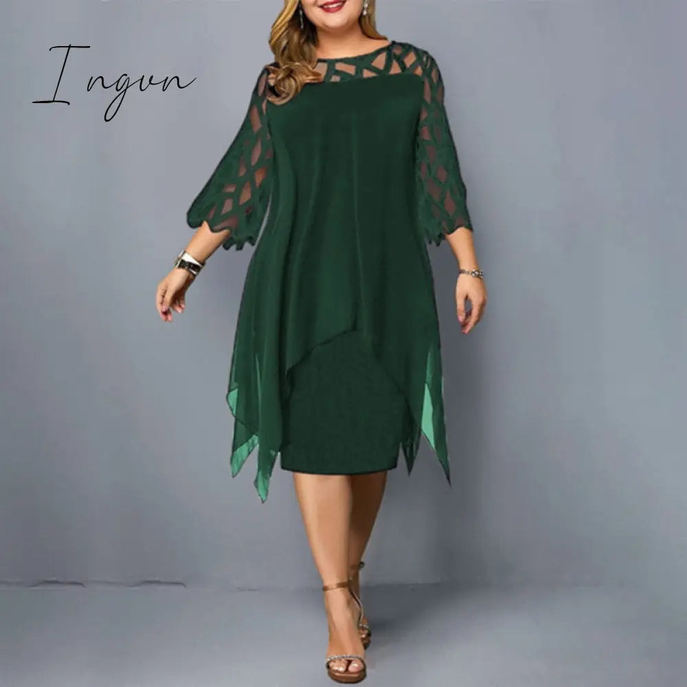 Ingvn - Plus Size Dresses 4XL 5XL 6XL Lace Mesh Sexy Elegant Midi Party Dress Red Black Green Purple Loose Hellow Women's Clothing