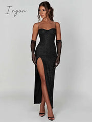 Ingvn - Sparkle Sexy Maxi Dress Women New Spaghetti Strap With Sleeve Backless Sleeveless Glitter Club Party Sexy Long Dress