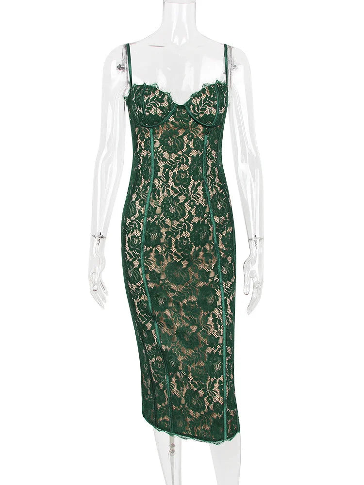 Spaghetti Strap Lace Sexy Midi Dress For Women Gown  Green Sleeveless Backless Club Party Printed Long Dress Vestidos