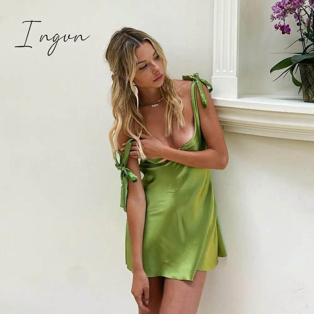 Ingvn - Women Clothing Sexy Temperament Commuter Solid Color Bandage One-neck Dress Spring and Summer New French Satin Mini Skirt