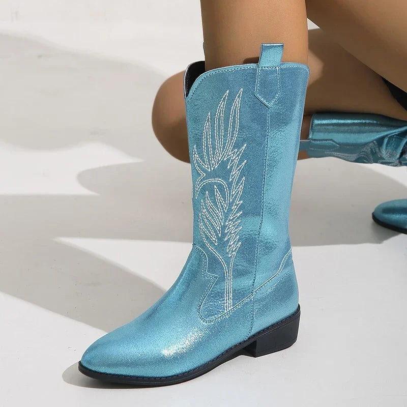 Ingvn  Vintage Thick Heel Women Western Cowgirl Boots Fashion Slip On Shoes Autumn Winter Embroidery Ladies Mid Calf Booties