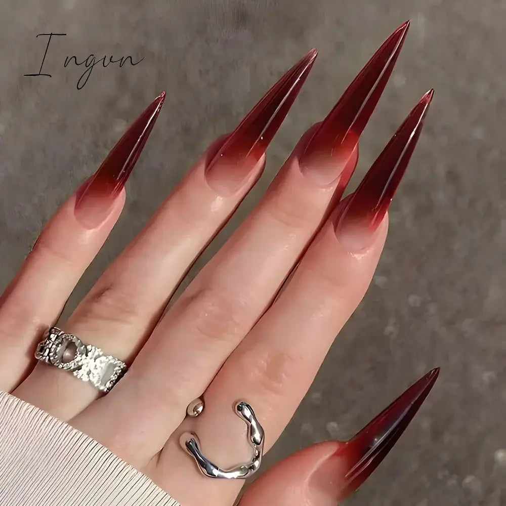 24Pcs 3D Long Almond False Nails Red Nude Ballet Stiletto Wearable Fake Nails MilkTea Color Jelly Full Cover Press On Nail Tips
