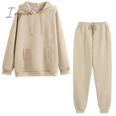 Ingvn - Autumn Hoodies Women Two Piece Set Solid Fleece Oversized Tracksuits Winter Thick Warm Hooded Sweatshirt Jogger Pants Suit