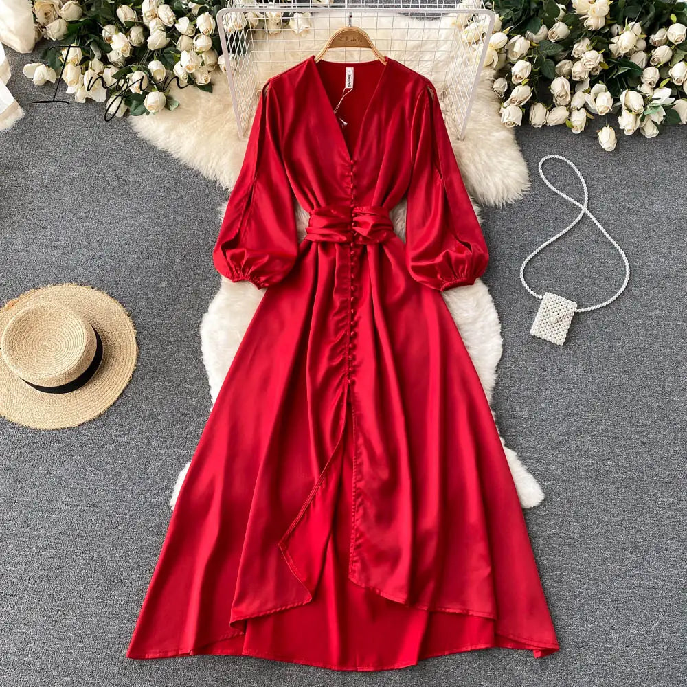 Ingvn - Womens Fashion Irregular Maxi Dress Women Design Hollow Puff Sleeve A-line Dress New Autumn Casual Vacation Split Long Dress