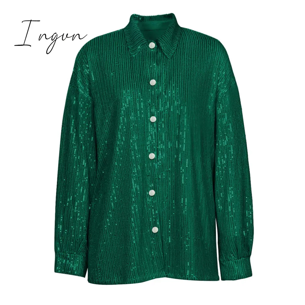 Ingvn - Sparkly Two-piece Set Party Outfits For Womens Sequin Top Blouse Shirt And Pants Suit Female Luxury Evening Tracksuit New