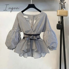 Ingvn - New Spring Summer 2 Pcs Suits Women's Striped Bow Lantern Sleeve Blouse + Black Split Flare Sleeve Pants Set S-3XL