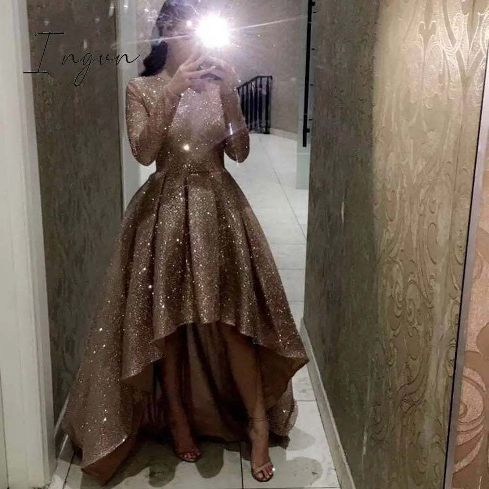 Ingvn - Evening Celebrity Prom Ball Gown Dresses 2023 Woman Party Night Short Elegant Plus Size Arabic Dubai Gold Formal Dress