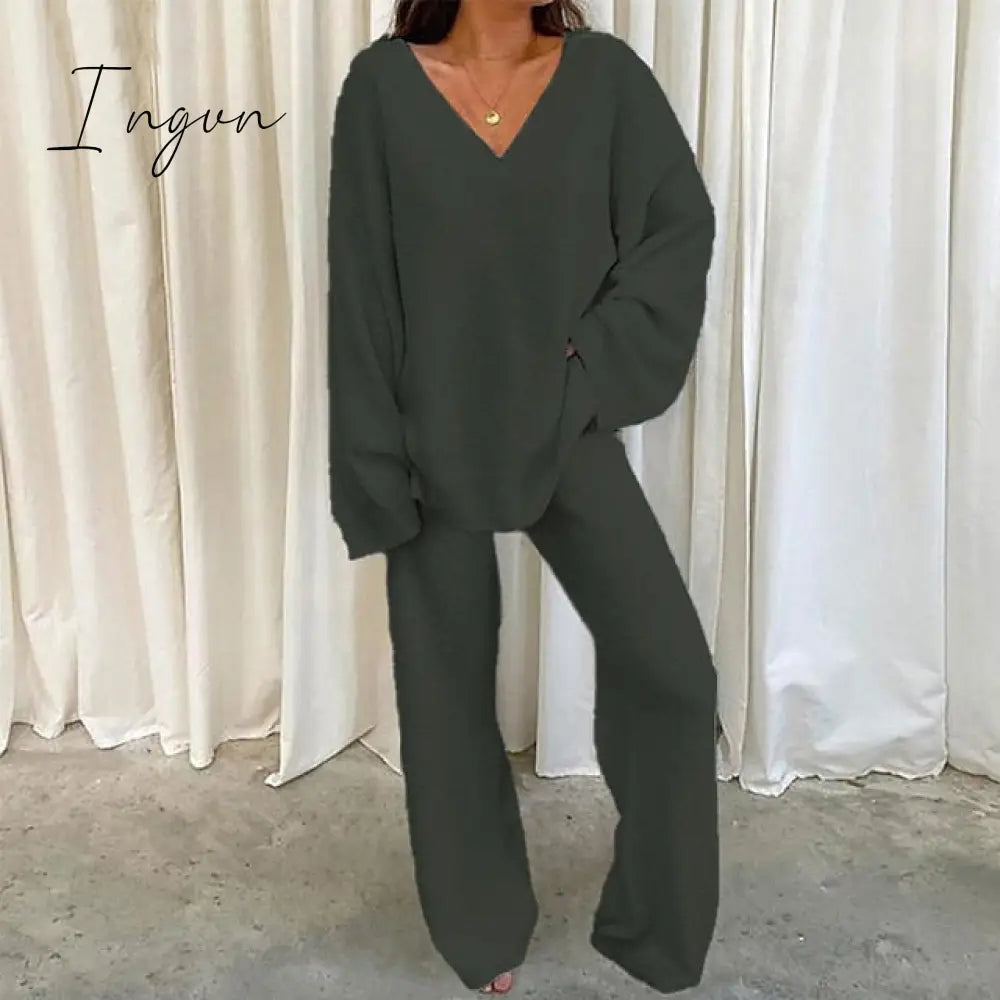 Ingvn - Women's  Lounge Sets 2 Pieces Solid Color Fleece Pajama V Neck Long Sleeve for Fall Winter White S 3XL