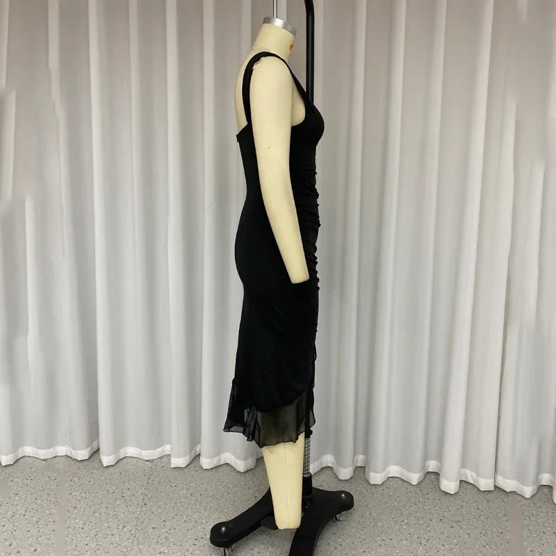 Women Maxi Dress Summer Elegant Solid Sleeveless Nipped Waist Slim Backless Ruffled Irregular Party Dresses Streetwear