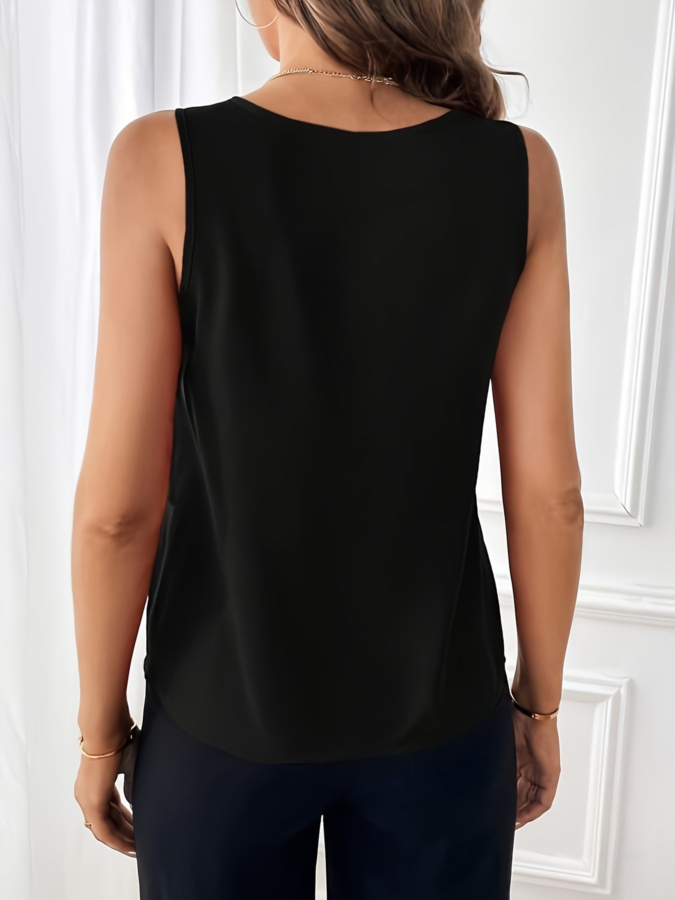 Solid V-neck Button Decor Top, Elegant Sleeveless Top For Summer, Women's Clothing