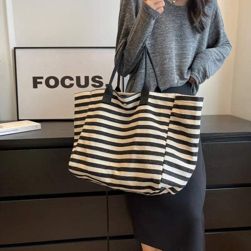 Ingvn  Commuter Bag Women Fashion Large-capacity Handbag Bag Student Striped New Niche Zebra Canvas One-shoulder Mommy Tote Bags