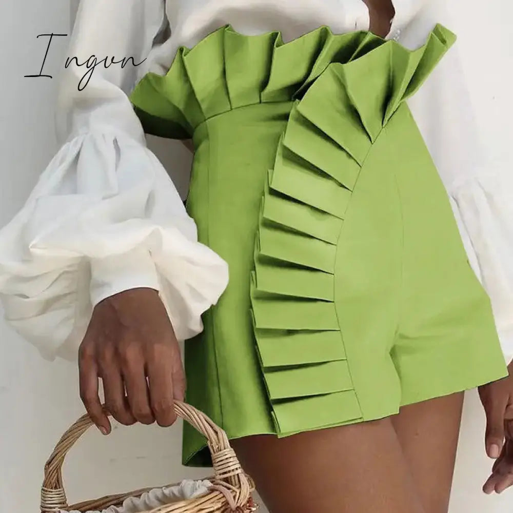 Ingvn - Women's Bottom Ruffle Hem Shorts Pleated High Waist Solid 2023 New Fashion Pant Elegant Summer Casual Female Clothing Outfits