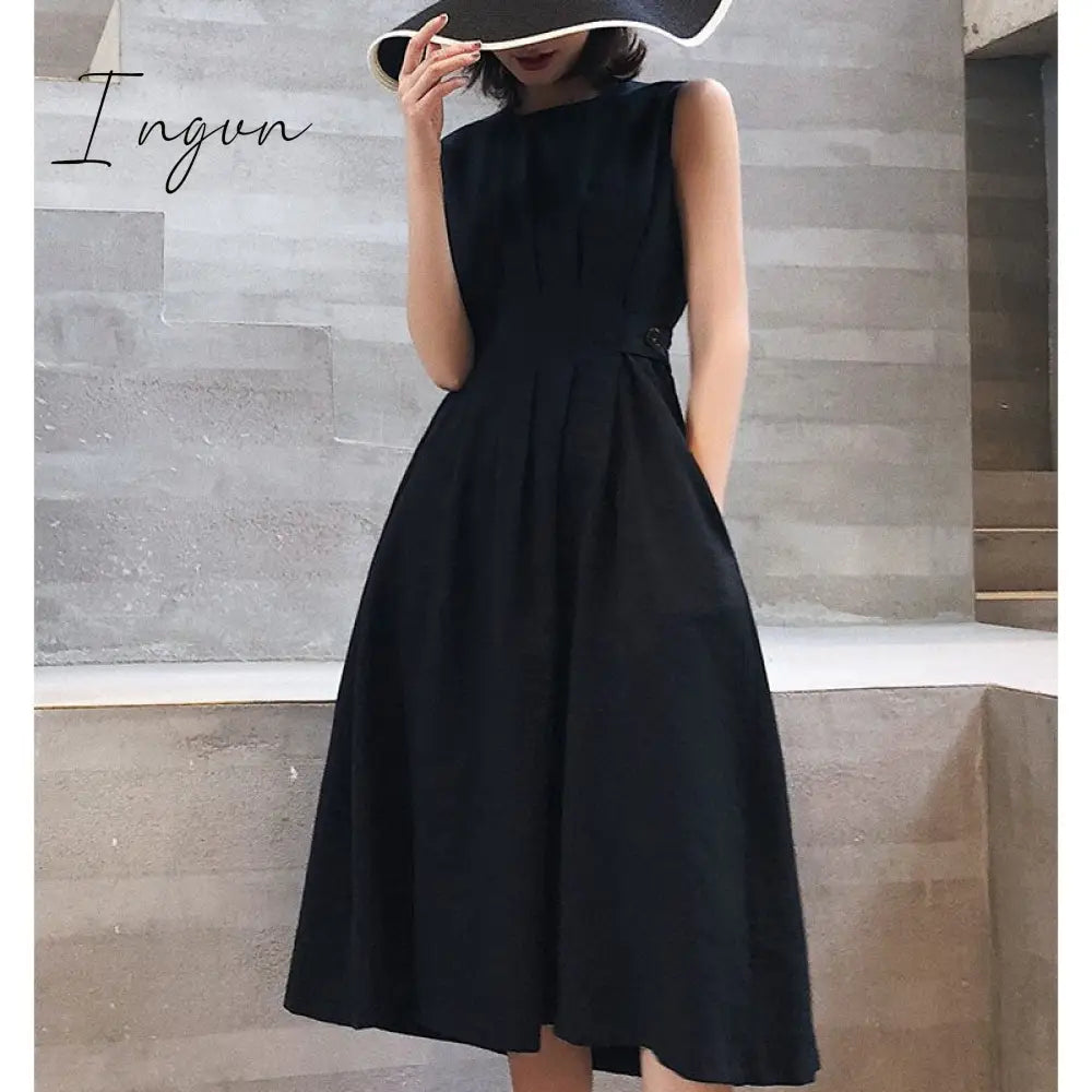 Ingvn - Summer Outfits Summer Women Solid Long Dress White Chic Elegant Casual Party O Neck Sleeveless Tank Female Waist Retraction Holiday Party Robe