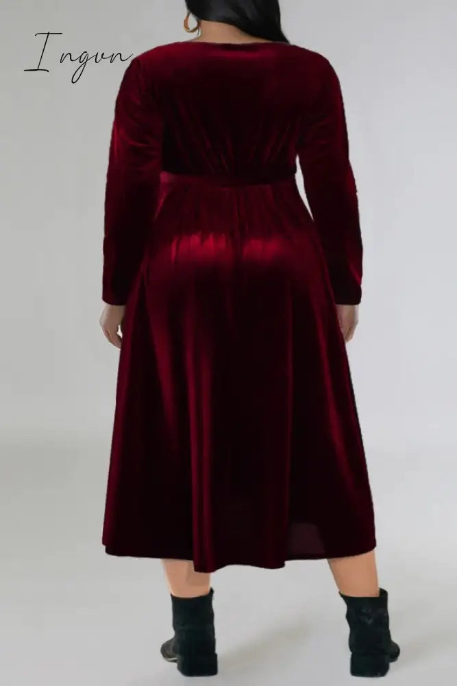 Ingvn - Burgundy Casual Solid Frenulum V Neck Long Sleeve Plus Size Dresses