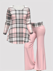 Women's Casual Outfits Set, Plus Size Plaid Print Long Sleeve Round Neck Top & Flared Leg Pants Outfits 2 Piece Set