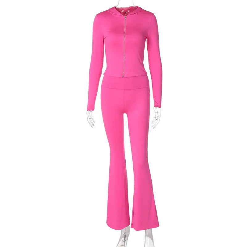 Hooded Top And Trousers Two Piece Sets Women Fashion Zipper Long Sleeve Tops And Flare Pant Female Casual Suit New