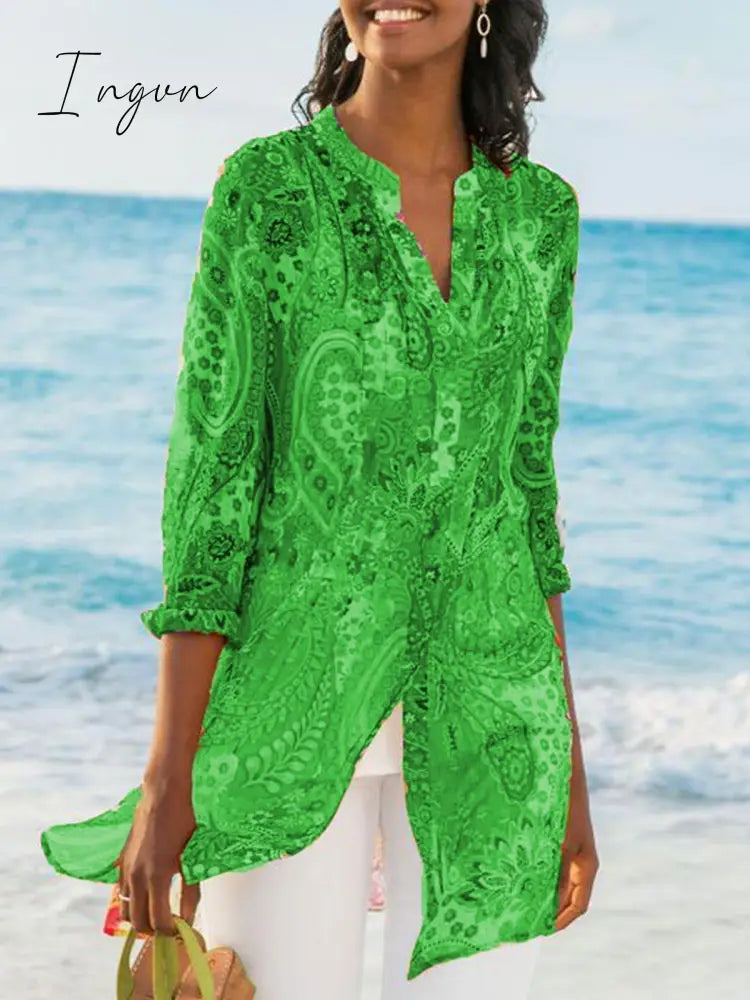 Ingvn - Women's Printed Casual Loose Plus Size Chiffon Shirts
